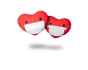 Fabric red heart with medical mask isolated on white background,Protection against virus,...