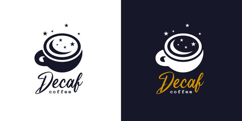 Premium decaf coffee cup logo. Decaffeinated espresso icon. Cafe moon and stars late night Latte hot drink sign. Vector illustration.