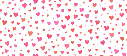 Seamless white background with red multicolored hearts. Love symbol ornament minimalistic symmetrical romantic composition.