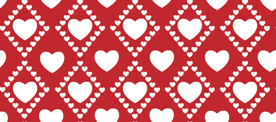 Seamless pattern with white hearts on a red background. Love symbol ornament minimalistic symmetrical romantic composition.