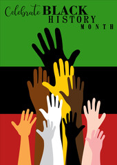 Obraz premium An abstract illustration of diverse raised hands on an isolated Pan African Flag colors background for Black History Month