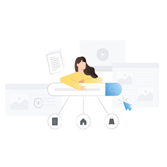 Vector woman points her finger to address bar, search engine, where to enter request in browser on Internet. Recommends actions on site in steps, instructions for use. Cursor clicks on web page.