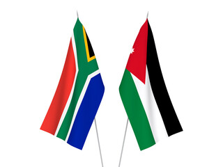 National fabric flags of Republic of South Africa and Hashemite Kingdom of Jordan isolated on white background. 3d rendering illustration.