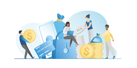 Rich, happy people accumulate, save lot of money, coins in bags in safe place under big lock. Online banking services with credit card on Internet. Raised capital. Contribution to future.