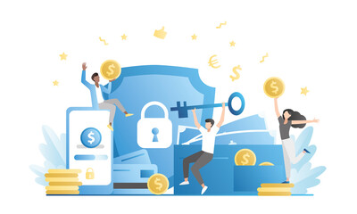 Vector happy people jumping with money in their hands. Secured cash, credit cards, with key in smartphone on Internet in an application, on website. Internet banking services.