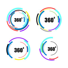 360 degrees icon set isolated on white background. 360 degrees logotype design concept with colorful lines. Angle 360 rotate icon