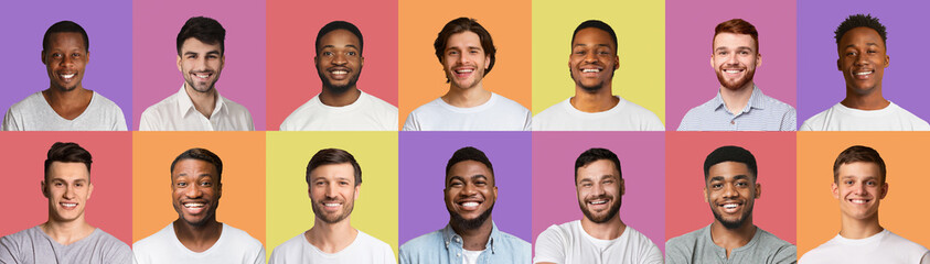 Portraits of positive smiling and laughing multiracial men, collage