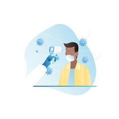 Measuring temperature with thermometer on forehead of man with mask. Protection from viruses, epidemics, pandemics. Guy is surrounded by viruses. Necessary precautions, prevention from illness.