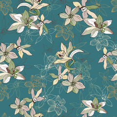 Tropical floral seamless pattern on a turquoise background. Vector print with vanilla flowers for fabric, home test and bed linen.