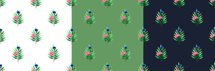 Set with three cornflowers seamless pattern.Watercolor wildflowers backgrounds on white,green and dark blue.