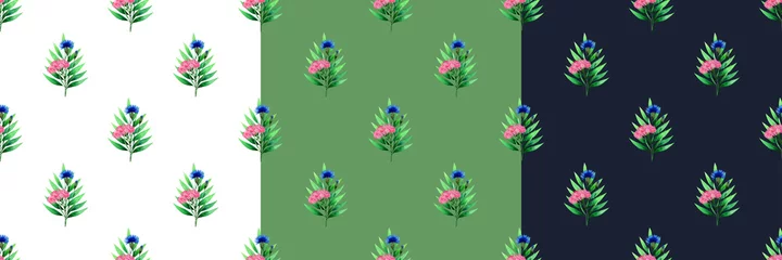  Set with three cornflowers seamless pattern.Watercolor wildflowers backgrounds on white,green and dark blue. © Elena Nikolaeva