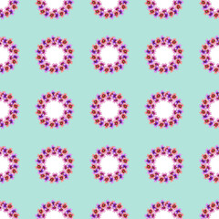 Seamless pattern with simple flowers circle wreath on blue background.