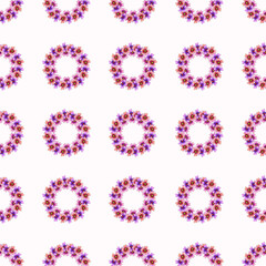 Seamless pattern with simple flowers circle wreaths on white background.