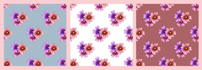 Seamless patterns set with three simple flowers backgrounds(blue,white,pink).Watercolor.