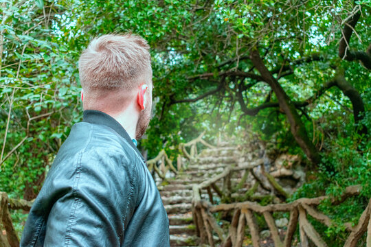 Young Man From Behind Looking At Stairs Going Up