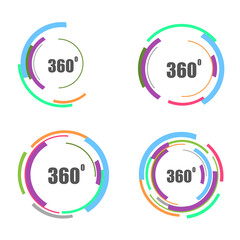 360 degrees icon set isolated on white background. 360 degrees logotype design concept with colorful lines. Angle 360 rotate icon