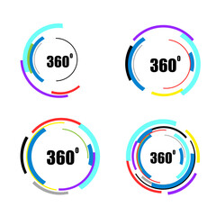 360 degrees icon set isolated on white background. 360 degrees logotype design concept with colorful lines. Angle 360 rotate icon