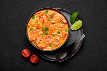Moqueca with Fish and Shrimps in black bowl on dark slate table top. Brazilian sea food curry dish with coconut milk and vegetables. Top view
