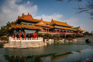 Naklejka premium Temple in Penglai, Shandong, China. Copy space for text, background