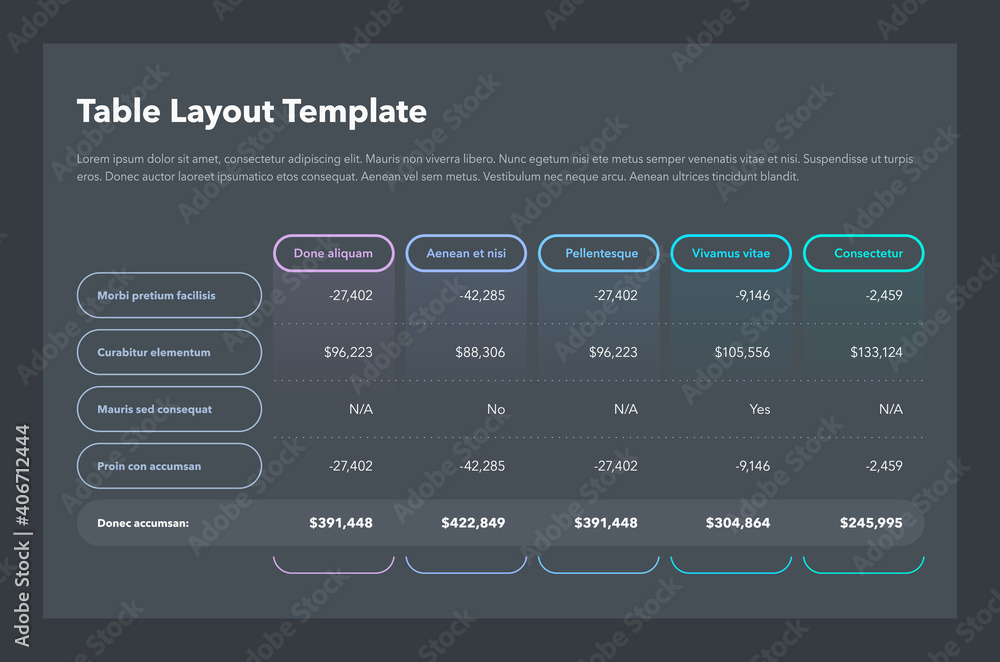 Poster Modern business table layout template with the total sum row and place for your content - dark version. Flat design, easy to use for your website or presentation.