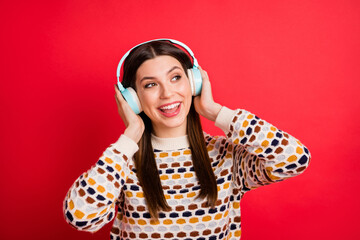 Photo portrait of dreamy girl wearing blue headphones singing looking blank space isolated vivid...