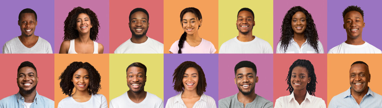 Collage Of Happy Black People Smiling On Colorful Backgrounds