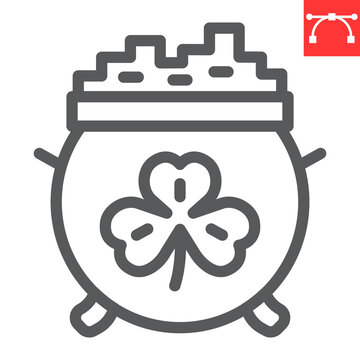 Cauldron with coins line icon, St. Patricks day and holiday, pot with gold vector icon, vector graphics, editable stroke outline sign, eps 10.