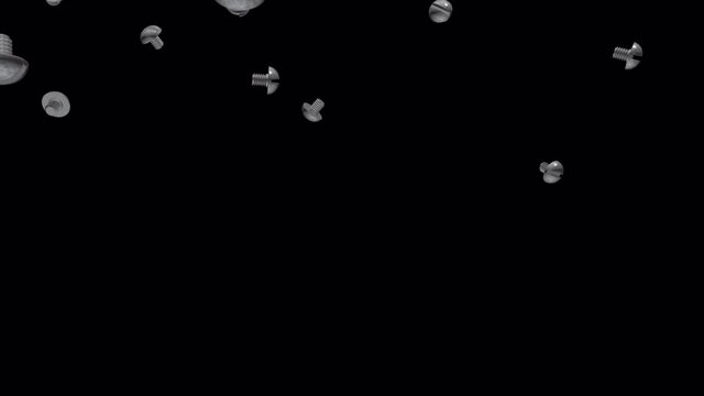 The screws fall from above. Animation bolts metal gray. A chaotic fall. It's pouring. Video without background. Isolated object with an alpha channel. 4444 4k 3D.