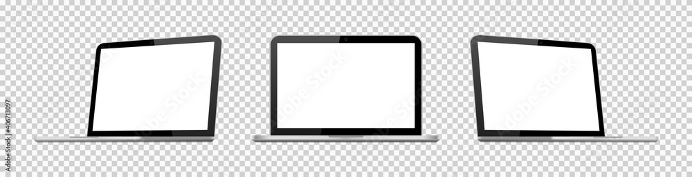 Poster 3d laptop mockup. isometric mock up of laptop. computer with blank screen for app. realistic silver 
