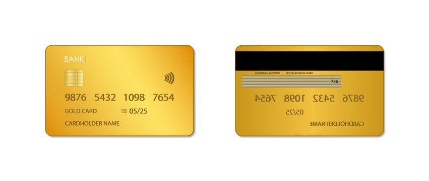 Gold credit card. Mockup of golden bank card. design of vip plastic card. Template of realistic debit card with chip. Icon for payment, world electronic shopping, transaction. Premium set. Vector