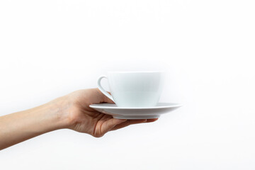 coffee time. hand giving coffee. Isolated in white background.
