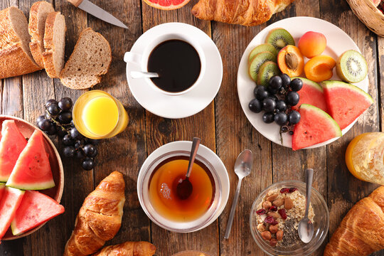 breakfast- tea,  coffee,  fruit and bread
