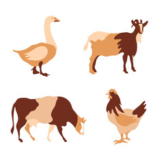 Cow, goat, chicken and goose. Silhouettes of farm animals.