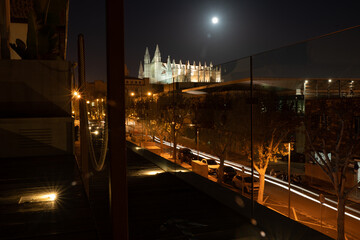 Long night exposure of Palma with the Basilica Cathedral of Santa Maria in the background, Palma de Mallorca