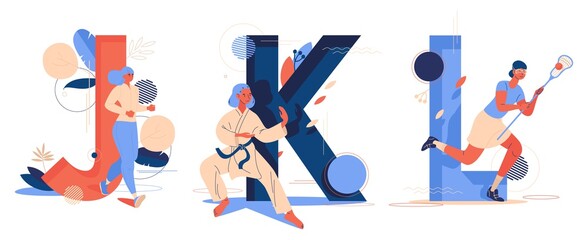 Letter J for jogging, K for karate and L for lacrosse game. Educational collection with female characters doing sport activities on white background. Vector illustration © yokunen