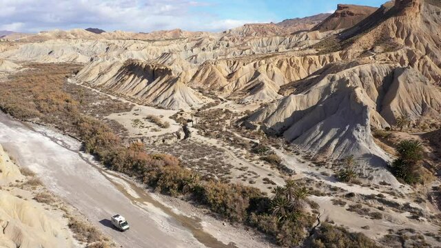 drone Aerial view of Tabernas desert landscape in Andalusia Almeria Spain Only desert in Europe