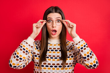 Portrait of impressed nice girl fingers spectacles open mouth wear colorful sweater isolated on red color background