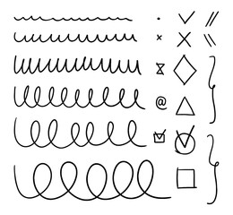 A set of varied wavy lines. Collection of hand-drawn graphic brushes. Vector stock illustration of highlight lines and checkmarks isolated on white background.