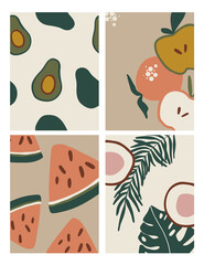 Set of abstract cards with fruit and leaves