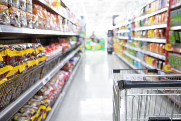 Shopping cart in supermarket, Abstract blurred photo in shopping malls, Cart in the market, wide variety of products are placed on the shelves for an orderly display.