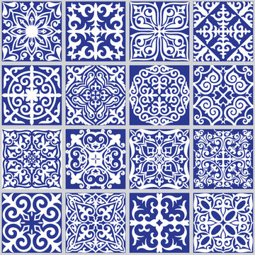 Floral texture on indigo blue. Geometric Ceramic Design Tile. Vintage Illustration background.