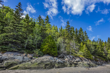 Fototapeta na wymiar Picturesque View of the Bic Park (Parc national du Bic): rocks and forest on shore of the St. Lawrence River. Bas-Saint-Laurent tourism region near Rimouski, Quebec Province, Canada.