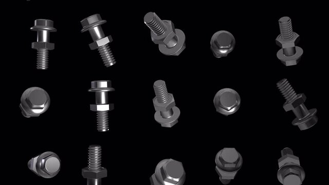 Bolts and nuts fall from the top. Animation of metal gray bolts. A chaotic fall. It's pouring like a bucket. Video without background. Isolated object with an alpha channel. 4444 4k 3D Realistic.