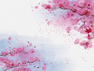 Hand Drawing Watercolour Sakura Blossom Background Blue Sky Pink Leaves