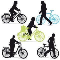 People with Bicycle Old and Young Vector Silhouettes