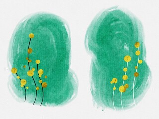 Green Hand Drawing Watercolor Spring Wedding Template Abstract Golden Flowers Illustration