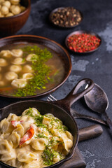 Homemade meat dumplings. Traditional Russian food- pelmeni, ravioli.