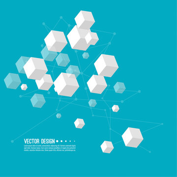 Abstract background with transparent cubes and and communication particles. Vector techno illustration. Data and research technology concept