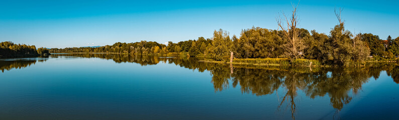 High resolution stitched panorama of a beautiful summer view with reflections near Niederpoering, Isar, Bavaria, Germany