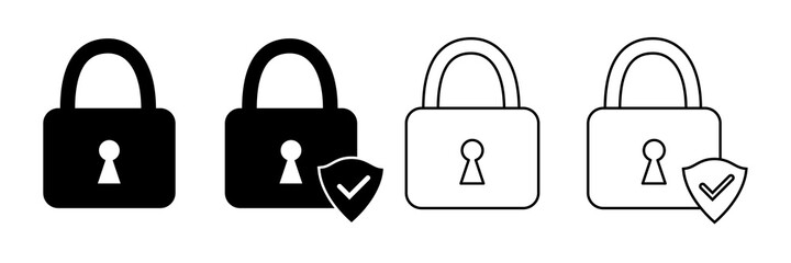 Lock icon, set, security vector icon collection. Сryptocurrency protection signs. Padlocks silhouettes with shield and check mark. Web icons. Vector illustration.